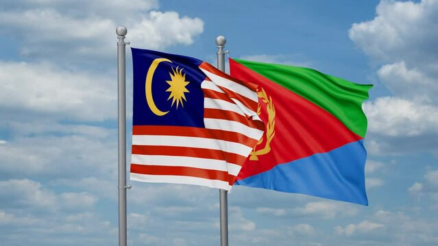 Eritrea and Malaysia two flags waving together, looped video, two country cooperation concept