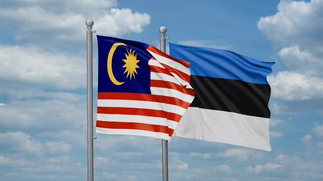 Estonia and Malaysia two flags waving together, looped video, two country relations concept