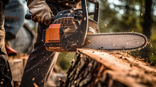 A close-up of a chainsaw to cut a large log