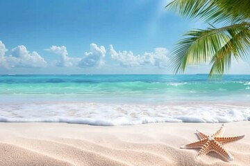 Fototapeta na wymiar Summer sandy beach with blur ocean on background. generative ai.