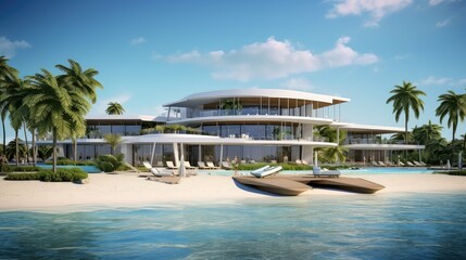 beachfront resort hotel building illustration spa pool, oceanview boutique, inclusive family...