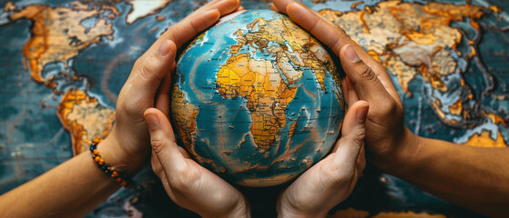 Diverse hands cradle a blue planet, symbolizing global unity and care for Earth's environment - obrazy, fototapety, plakaty