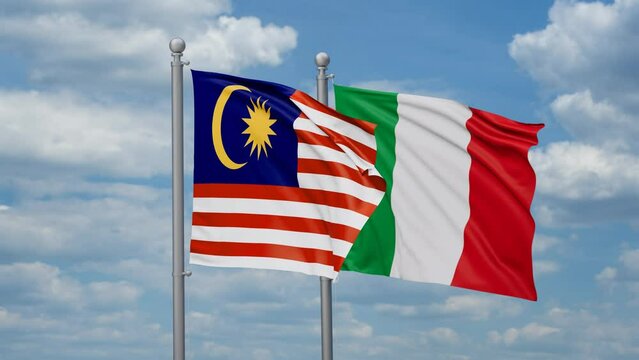 Italy and Malaysia two flags waving together, looped video, two country cooperation concept