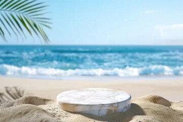 Obraz na płótnie Canvas Marble podium in tropical sand over blurred tropical sea background. generative ai.