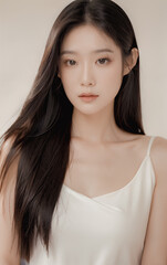 Naklejka premium Beautiful Asian female Korean woman model with black long hair studio portrait