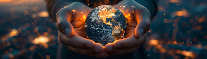 Stunning illustration of blue planet earth on hand It symbolizes the threat to the world's environment from global warming. - obrazy, fototapety, plakaty