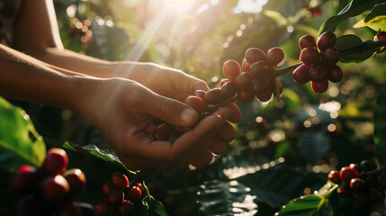 a woman's hand reaches for ripe coffee beans on a tree. Ai generated Images