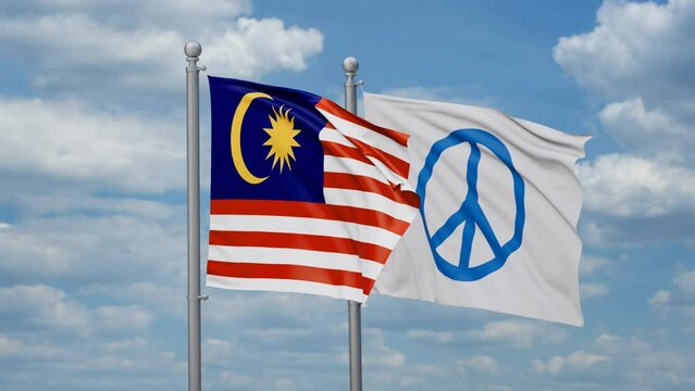 Malaysia and Peace Sign two flags waving together, looped video, peace movement concept