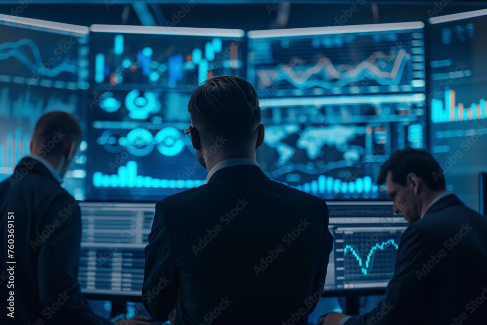 Poster three men in suits are looking at computer screens with graphs and numbers. they appear to be focuse