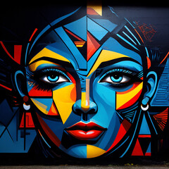 Colorful Abstract Faces Expressive Mural in Bold Black, Red, Blue, and Yellow