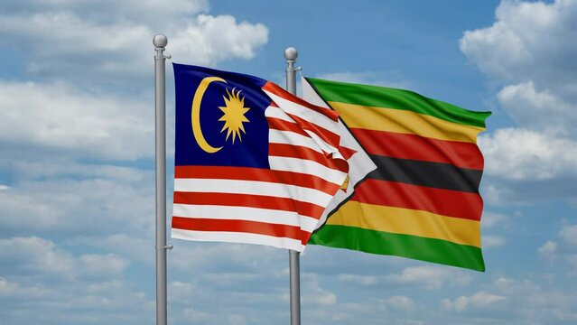 Zimbabwe and Malaysia two flags waving together, looped video, two country cooperation concept