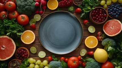 緑黄色野菜とフルーツと皿