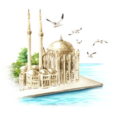 Ortakoy Mosque and Bosphorus, Istanbul, Turkey.  Hand drawn watercolor illustration isolated on white background