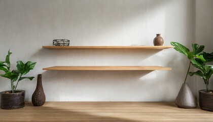 Modern Simplicity: Wooden Floating Shelf in White-Walled Room
