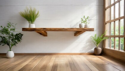 Contemporary Charm: Wooden Floating Shelf on White Wall and Wooden Floor