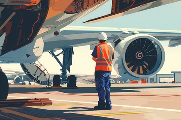 Engineer correcting human error on airplane, under wing, clear day, sharp focus, illustration - obrazy, fototapety, plakaty