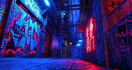 Neon Graffiti Alley, An urban alleyway is bathed in the glow of neon lights, with walls adorned by vibrant graffiti art, reflecting a raw and colorful street culture at night