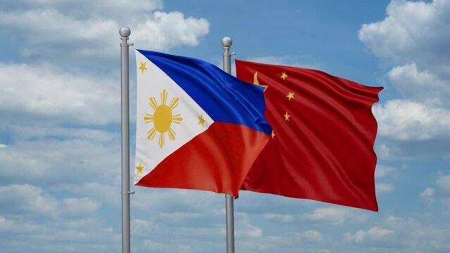 China and Philippines two flags waving together, looped video, two country relations concept