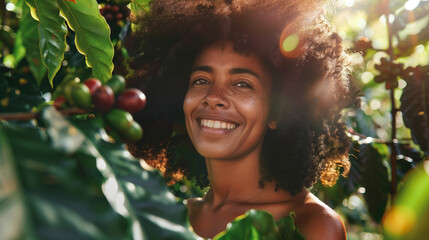 A woman with stunning afro hair poses gracefully in the middle of lush coffee trees. Ai generated Images