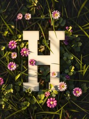 The letter H is surrounded by a field of flowers