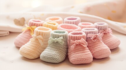 Fototapeta na wymiar Cute baby booties in pastel hues arranged with care on a soft, textured blanket.