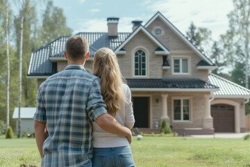 Fototapeta premium back view Family moving in new house. Standing in front of their new house
