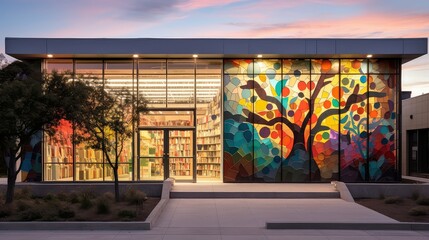 design exterior library building illustration modern sustainable, innovative spacious, natural light design exterior library building
