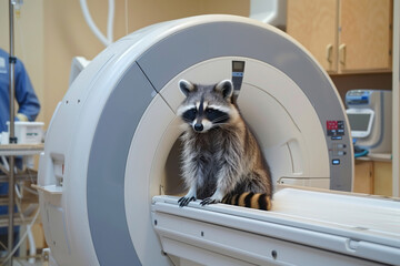 raccoon sitting in an MRI scanner in a veterinary clinic. Vet CT scan for pet. Concept veterinary and animal care.