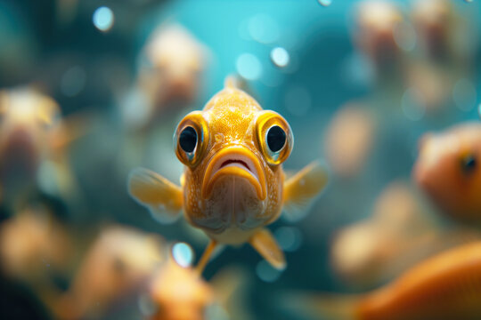 Sad scared little fish with big bulding eyes in group of others