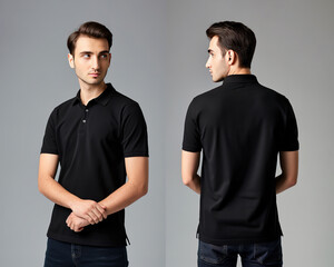 Front and back views of a man wearing a black polo shirt mockup template