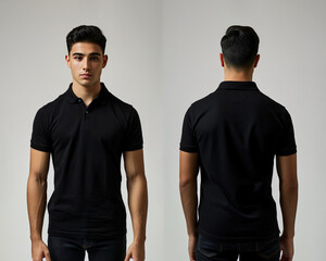 Front and back views of a man wearing a black polo shirt mockup template