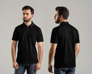 Front and back views of a man wearing a black polo shirt mockup template