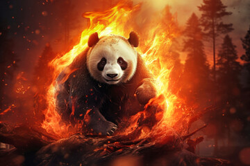 A panda bear is sitting atop a pile of fire, escaping a forest fire, highlighting the environmental...