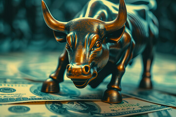 A bronze bull statue on top of money bills symbolizing financial strength and market optimism - obrazy, fototapety, plakaty