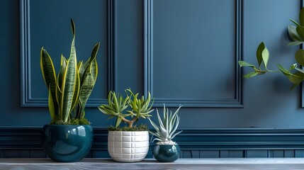 Elegant Interior Design with Soothing Blue Accent Wall Adorned with Sculptural Snake Plants and Air Plants