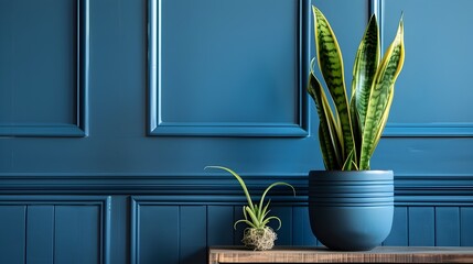 Elegant Interior Design with Serene Dark Blue Accent Wall Adorned with Sculptural Snake Plants and Delicate Air Plants