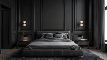 Elegant Jet-Black Bedroom Design Harmonizing with Plush Gray Bed