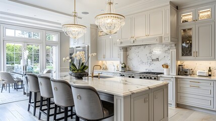 Elegant Kitchen Island with Marble Countertops and Crystal Chandelier Pendants