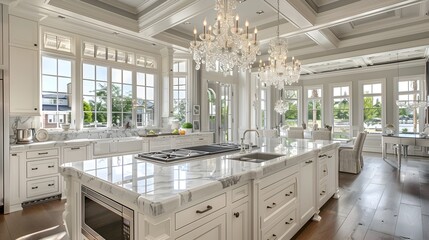 Elegant Kitchen Island with Marble Countertops and Crystal Chandelier Pendants