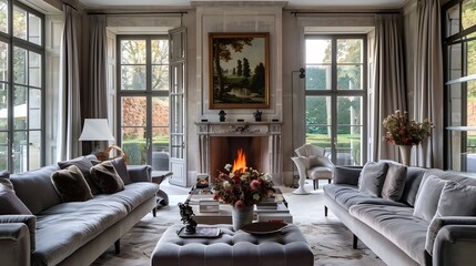 Elegant Living Room Indulgence Sumptuous Grey Velvet Sofas and Charming Fireplace Overlooking a Lush Garden - obrazy, fototapety, plakaty