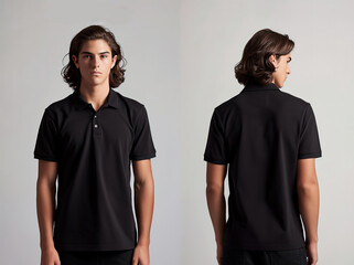 Front and back views of a man wearing a black polo shirt mockup template