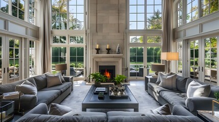 Elegant Living Room Indoors with Stunning Garden View - obrazy, fototapety, plakaty