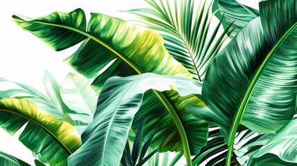 Fresh green palm leaves on white background, summer plants object. Bright lush tropical greenery. Jungle.