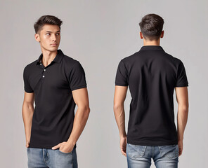 Front and back views of a man wearing a black polo shirt mockup template