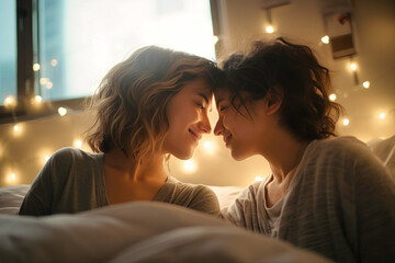 Two lesbian women lying side by side in bed, showcasing love and intimacy in a romantic setting - obrazy, fototapety, plakaty