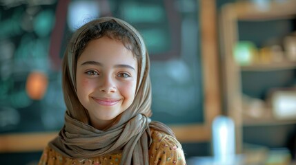 Fototapeta premium A young girl wearing a scarf is smiling at the camera