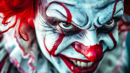 The Fiery Jester: A Close-Up of a Clowns Face With Red Hair