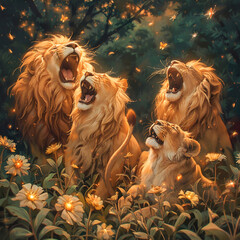 A pride of lions roaring together in a magical flower field with light particles around