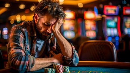 Man with a pained expression sitting at a casino table with chips suggesting loss and distress