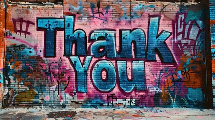 "Thank You" written in bold, colorful graffiti style against a gritty urban brick wall, contrasting the message of gratitude against the raw urban landscape.